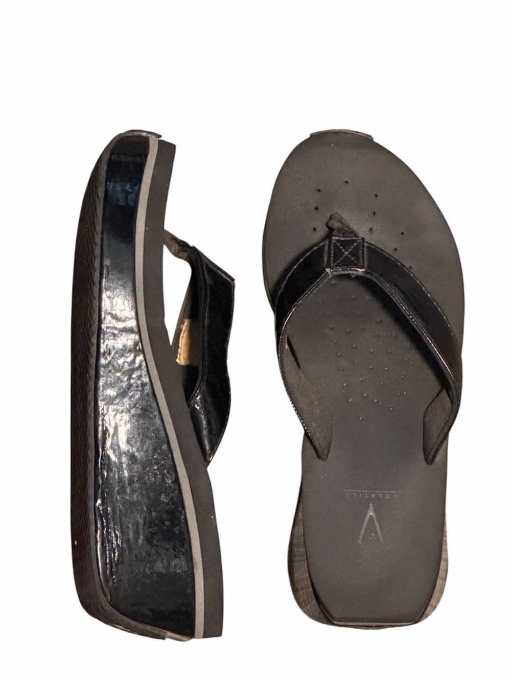 Volatile Black Patent Platform Wedge Flip Flops Size 9